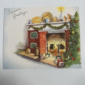 1950s Whitman Embossed Fireplace Christmas Card Season’s Greetings Vintage MCM